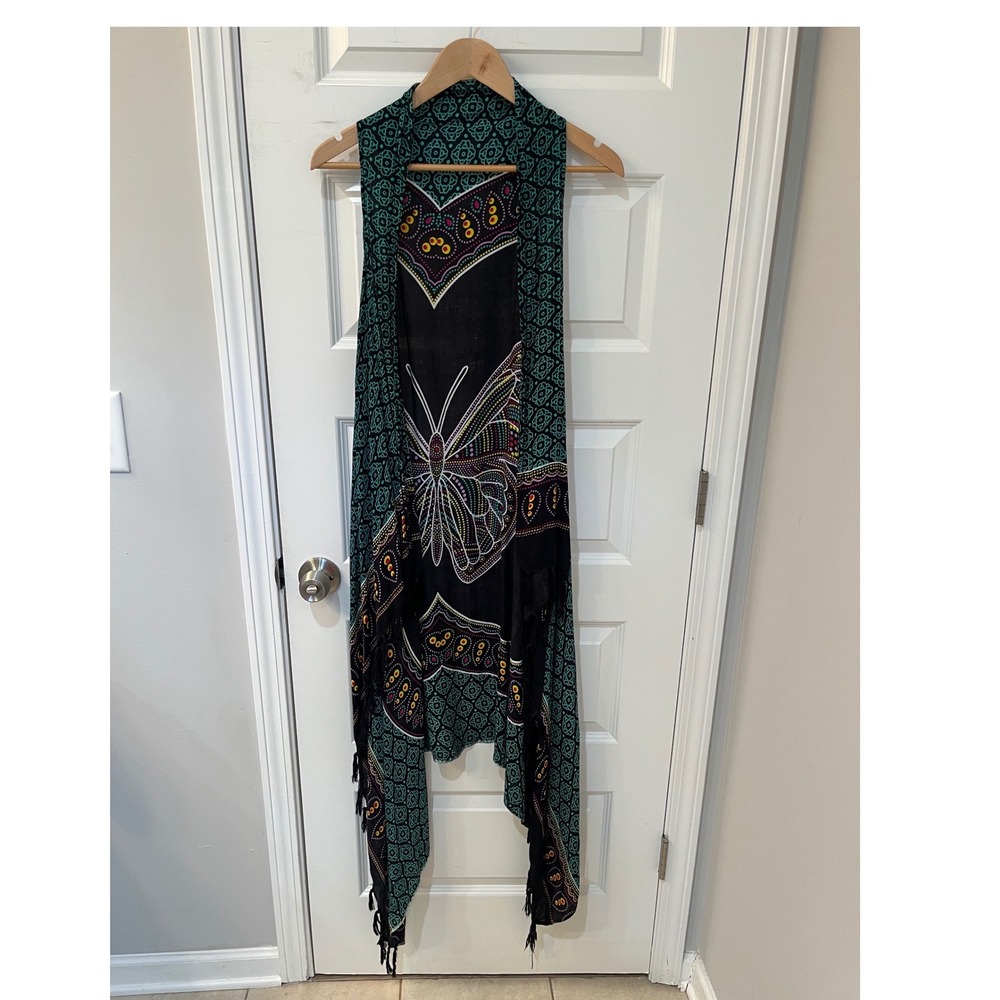 Bohemian Butterfly Print Open Front Long Duster Vest Fringe Teal Black One Size